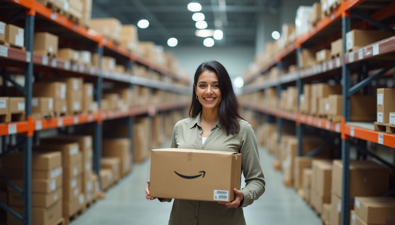 Photo: A female employee inside an Amazon warehouse.
